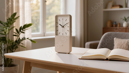 Modern Minimalist Desk Clock on a Bright Living Room Table