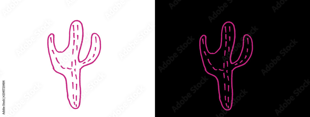 Fototapeta premium Simple Pink Line Art Cactus Icon on White and Black Background