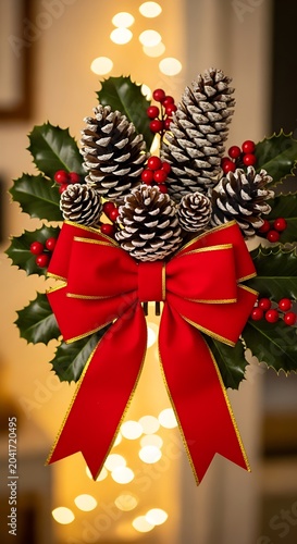 Festive Christmas Pinecone Holly Arrangement with Red Bow in Warm Holiday Interior