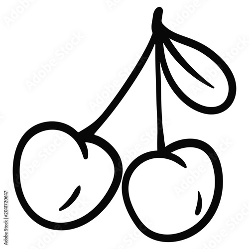 Cute linear drawing of ripe cherries on a twig with a leaf.