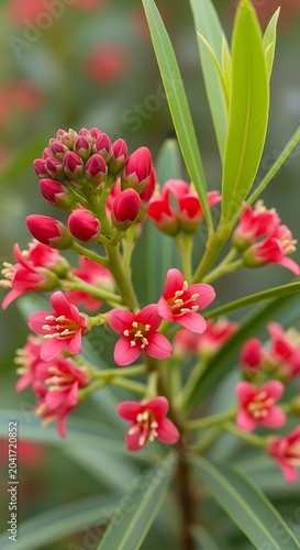 Vibrant Pink Flower Buds Blooming Among Slender Green Leaves in Garden
