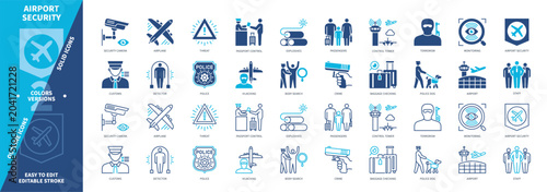 Airport Security icon set. Terrorism, Detector, Staff, Hijacking, Crime, Threat, Monitoring, Passengers. Duotone color solid and editable outline icons