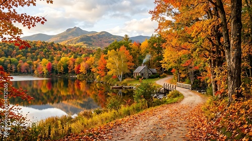 Colorful Autumn Lakeside Path Winding Through Forest Near Mountain Cabin
