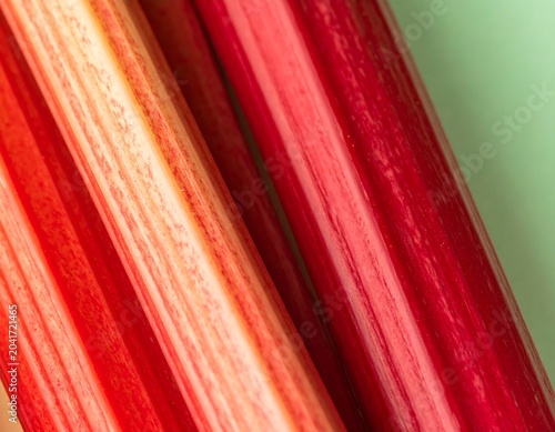 Vibrant Red Rhubarb Stalks Arranged in Close Up Macro View