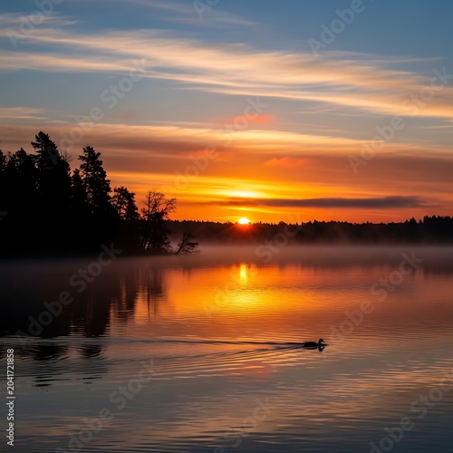 Serene Orange Sunset Reflecting on Misty Forest Lake with Swimming Duck