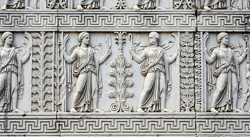 Ancient White Marble Relief Figures Standing on Ornate Classical Frieze