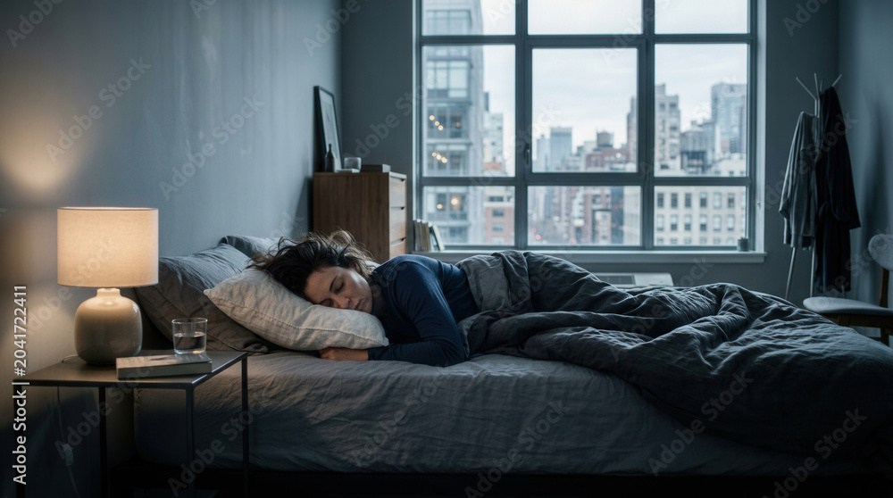 Fototapeta premium Woman Sleeping Comfortably in a Bed with a City View from Window
