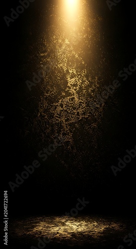 Golden Dust Particles Floating in Dramatic Spotlight on Dark Background