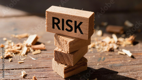 Wooden Blocks Spelling 'RISK' on Stacked Structure with Wood Shavings