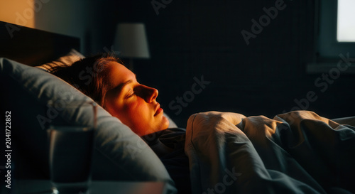Woman Sleeping Comfortably in Bed at Night Illuminated by Gentle Light