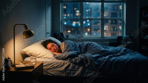 Woman Sleeping Comfortably in Bedroom During Evening Time With Urban City View