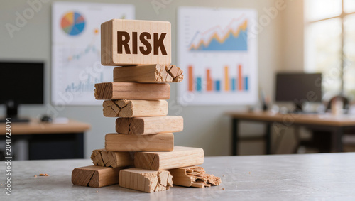 Wooden Blocks Tower with 'RISK' on Top, Symbolizing Business Uncertainty