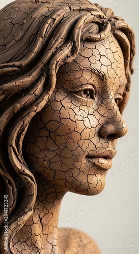 Cracked Clay Female Bust Facing Side on Neutral Studio Background