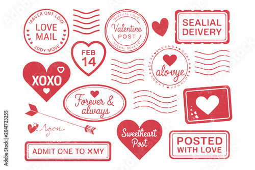 Valentine's Day rubber stamp vector set with romantic postmarks and love mail symbols.