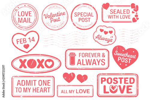 Valentine's Day rubber stamp vector set with romantic postmarks and love mail symbols.