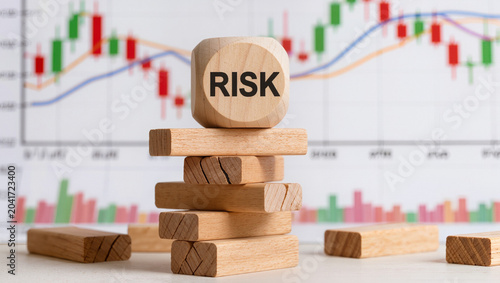 Wooden Risk Cube atop Jenga Blocks with Stock Market Chart Background