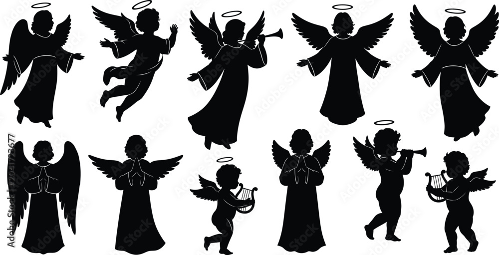 Naklejka premium Set of ten black silhouettes of angels with wings and halos in various poses and musical instruments