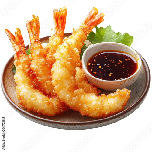 Crispy golden fried tempura shrimp served with savory dipping sauce in a small ceramic bowl dish