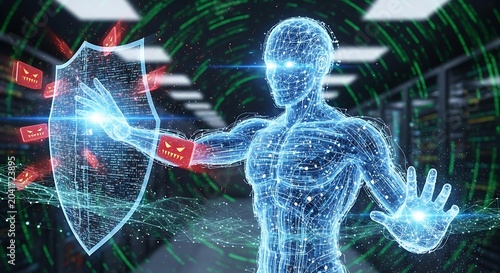 Glowing Digital Humanoid Blocking Cyber Threats with Shield in Futuristic Data Center
