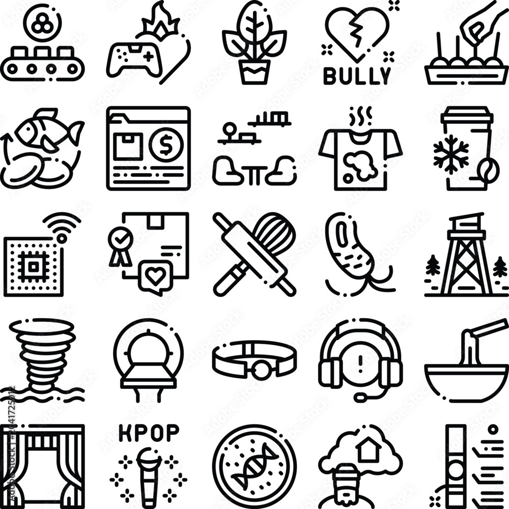 Fototapeta premium Set of clean line icons showing everyday actions and themes, technology, food and delivery, health, nature, entertainment, work and industry, science, shopping, and lifestyle concepts