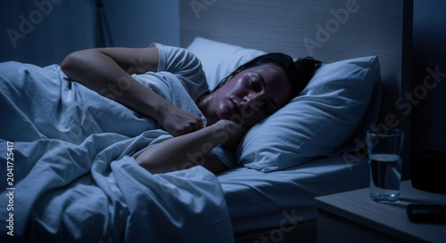 Woman In Bed Heavily Sweating Experiencing Nightmares Or Having Possible Fever