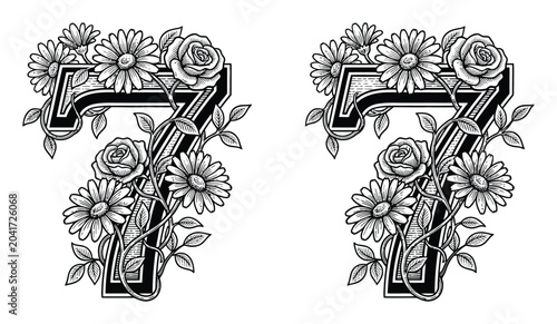 Decorative number seven illustrated with intricate black and white floral
