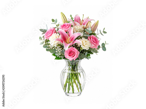 Cuadro en lienzo Pink lily and rose bouquet in glass vase isolated on white background