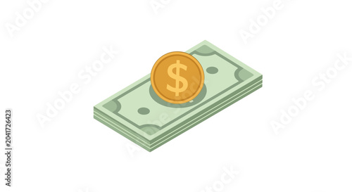 Stack of green paper currency with gold dollar coin