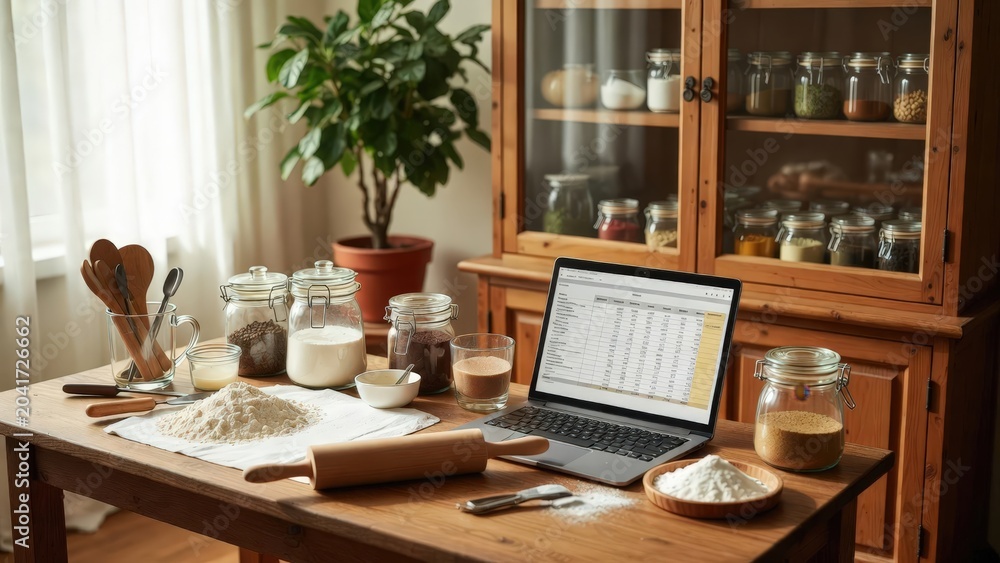 Fototapeta premium Kitchen counter with baking ingredients and a laptop displaying a spreadsheet. Useful for marketing home-based food businesses, recipe management, cost analysis, or culinary entrepreneurship.
