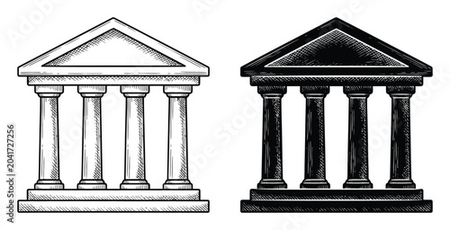 Hand-drawn of two classical greek temples in black and white styles