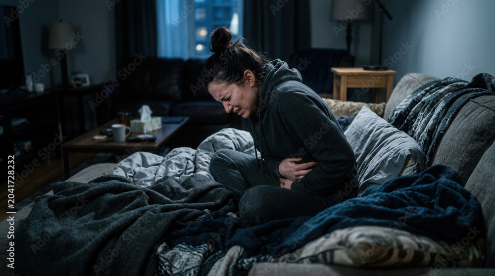 Fototapeta premium Woman Suffering From Abdominal Pain and Distress At Home On The Couch