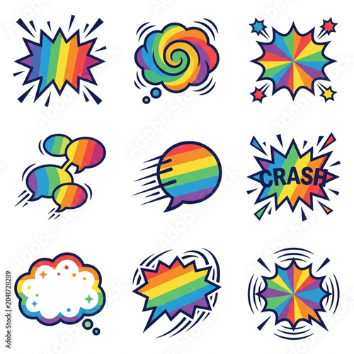 Rainbow Speech Bubbles and Comic Book Explosion Shapes.