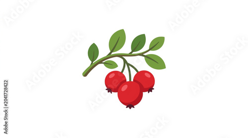 Red Lingonberries on a Branch with Green Leaves.