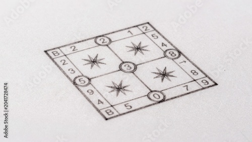 Black-and-white drawing square grid squares each containing number arranged symmetrical pattern has starburst