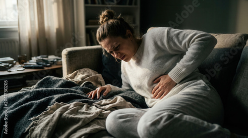 Woman Suffering From Abdominal Pain on Couch, Showing Distress, Looking Ill