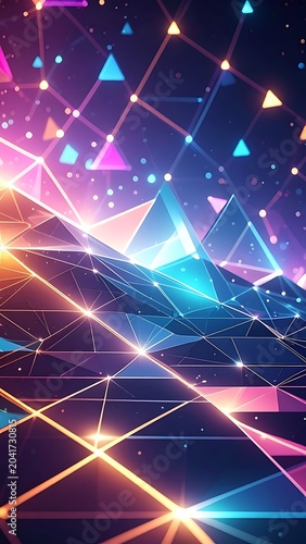 A vibrant, futuristic abstract artwork with geometric shapes