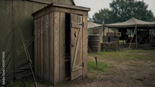 A simple wooden latrine structure in a military camp corner. 