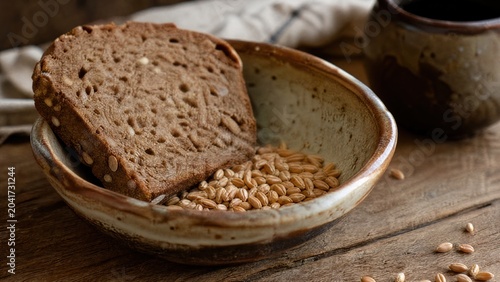 A rustic ceramic bowl with dark bread and wheat grains on a wooden table. 