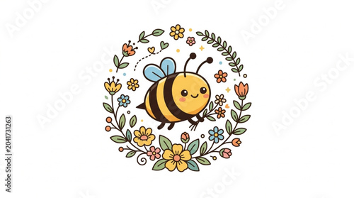 Canvas Print Cute cartoon bee with wings flying in a floral wreath.