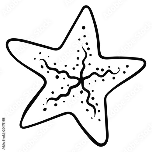Black and white vector outline drawing of a cute starfish with dot and wavy line patterns. Simple isolated graphic element in ocean doodle style, perfectly suited for summer and beach designs, nursery