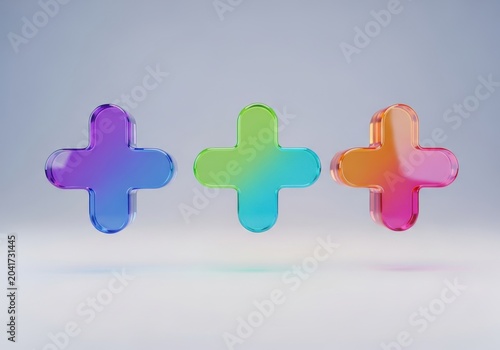 Three Colorful 3D Glass Plus Symbols Floating on a Minimalist Background for Modern Design Concepts