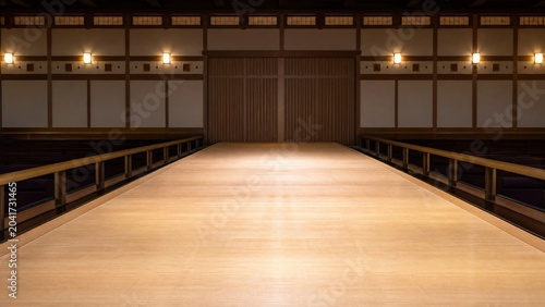 Polished wooden Kabuki theater runway leading into the distance, symmetrical. 