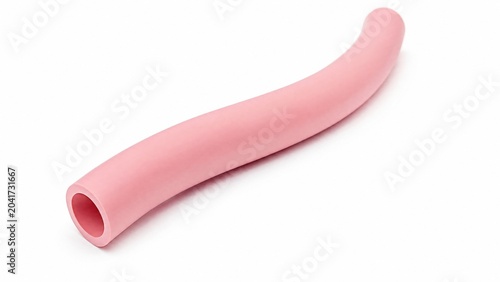  A smooth pink silicone tube curved elegantly on a white background. 