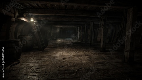  The empty, dimly lit wooden hold of an old ship with deep gouge marks. 