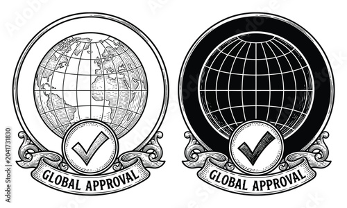 Canvastavla Two vintage style global approval emblems featuring earth globes and checkmarks