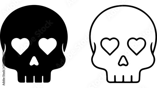 Skull Icons With Heart Shape Eyes Set
