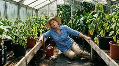 Woman Suffering From Heat Exhaustion In A Greenhouse, Surrounded by Plants