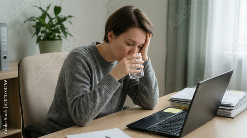 Woman Suffering From Headache Drinking Water While Working From Home Exhausted