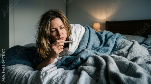 Woman Suffering From Illness Checks Temperature to Determine Condition