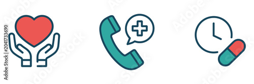 Foto Flat medical icons showcasing patient care, emergency assistance, heart health, and dosage reminder symbols for healthcare services and wellness applications